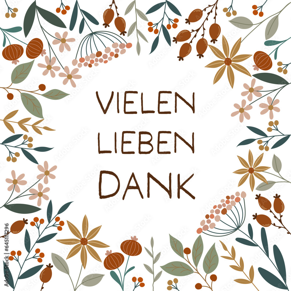 Vielen lieben Dank Schriftzug in deutscher Sprache. Dankeskarte mit