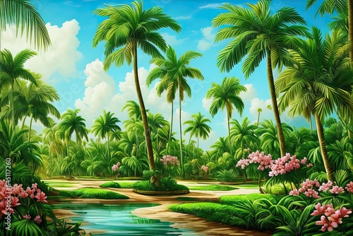 Cuban landscape of green plants  flowers and palms