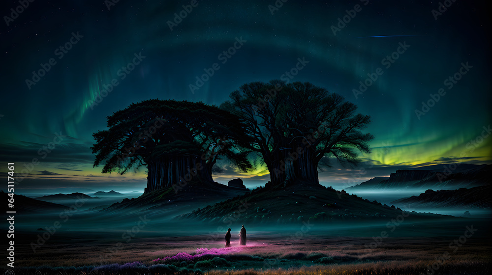 Night landscape with northern lights and giant trees: a fantastic image of a dream world lit by the sky lights