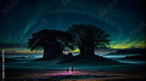 Night landscape with northern lights and giant trees: a fantastic image of a dream world lit by the sky lights © Florentino