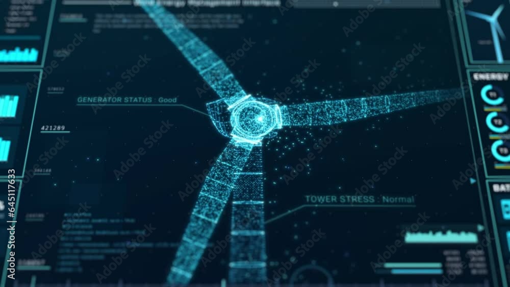 Futuristic wind turbine energy control center interface design, digital data network battery management system, green renewable power technology software, engineering iot HUD information 3d rendering