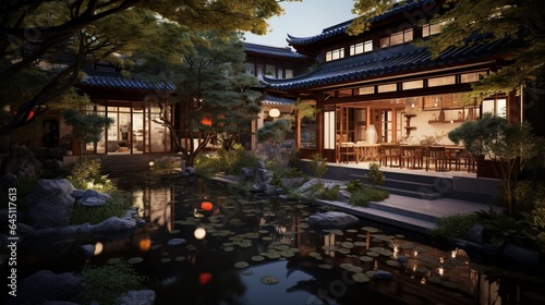 a traditional Chinese courtyard house, with ornate wooden details, a koi pond, and lush gardens, radiating tranquility in an urban setting