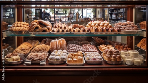 a traditional Italian bakery, with biscotti, cannoli, and sfogliatelle artfully displayed in glass cases, tempting customers with sweet delights © ra0