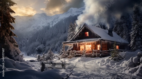 a traditional log cabin in the woods, smoke rising from the chimney, surrounded by a pristine winter landscape