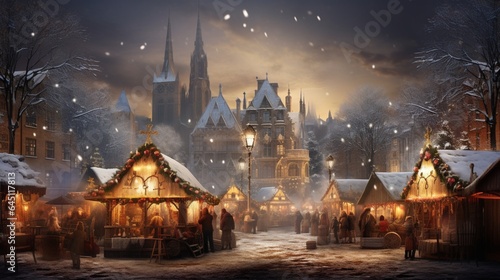 a traditional winter market in a European square, with vendors selling roasted chestnuts, mulled wine, and handmade crafts