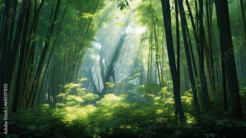 a tranquil bamboo forest  with towering green stalks swaying gently in the breeze and dappled sunlight filtering through the canopy
