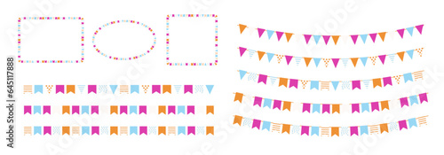 Party flag buntings. Fiesta garland decorations set. Flag frame borders. Vector illustration