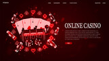 A web banner with a bright neon frame of suits with poker cards, dice chips and a slot machine in red with text on a red background. A casino-themed concept.