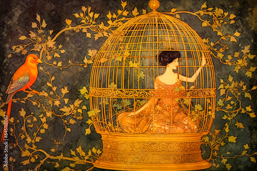 Oiseau et femme dans une cage dorée