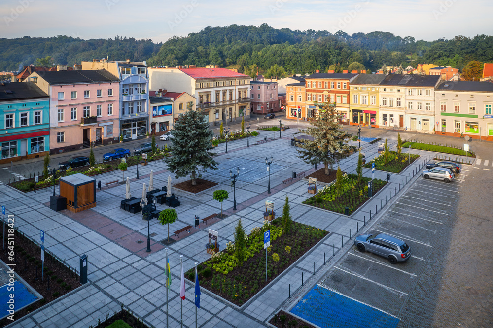 Fototapeta premium Aerial view of Market Square in Koronowo at sunrise. Kujawsko-pomorskie, Poland.