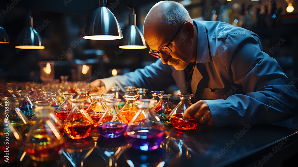 Male chemist over colorful flasks with substances, production of medicines, dyes, cosmetics or other chemistry