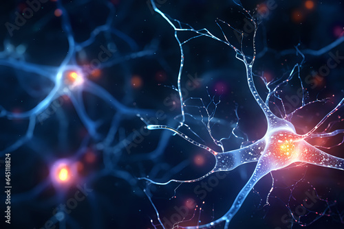 neural connections, neurons in the brain, nerve cells and signals between them, connections between neurons close-up