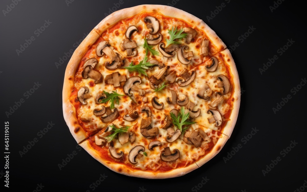 Mushroom pizza on isolated black background, top view angle, generative ai