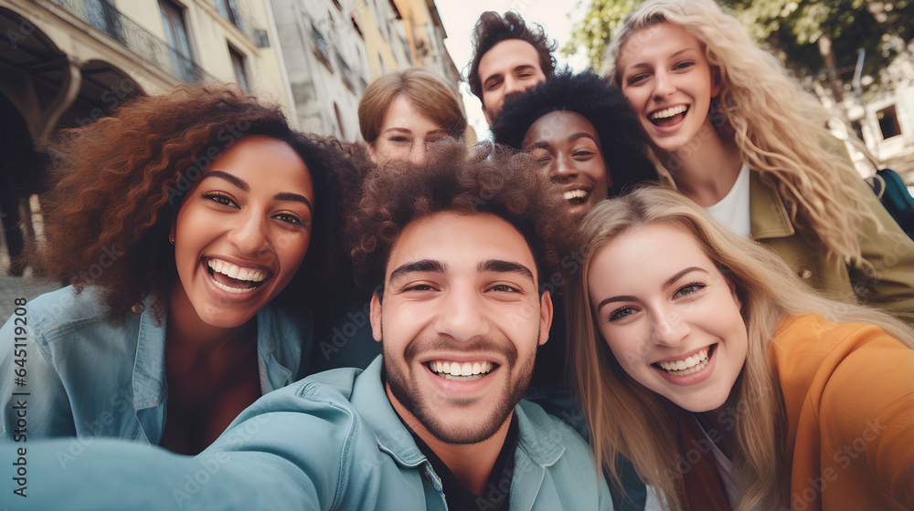 Big group of cheerful young friends taking selfie portrait. Happy people looking at the camera smiling. Concept of community, youth lifestyle and friendship Big group of cheerful young friends taking selfie portrait. Happy people looking at the camera smiling. Concept of community, youth lifestyle and friendship