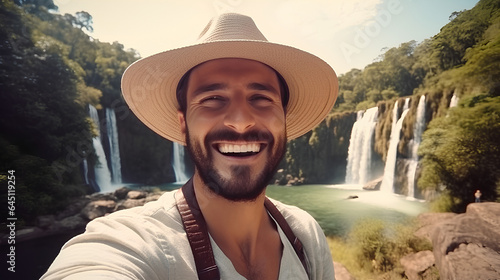 a joyful happy tourist visiting a national park captures a selfie in front of a waterfall.