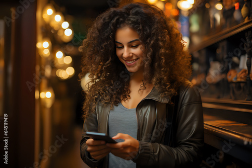 a satisfied curly girl looks at a smartphone, a girl chats online from her phone in a cafe, a woman is happy to just make an online purchase from a smartphone anywhere
