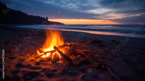 Burning campfire on the sand beach. Beautiful sunset sky with clouds. © ekim