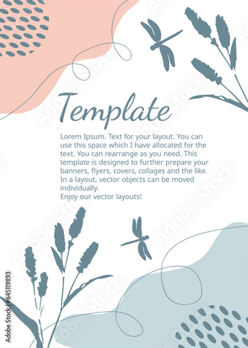Spikelets and dragonflies. Abstract nature template with plants and insects. Universal cover designs for brochures, flyers, presentations, leaflet, magazine, stories, postcard.