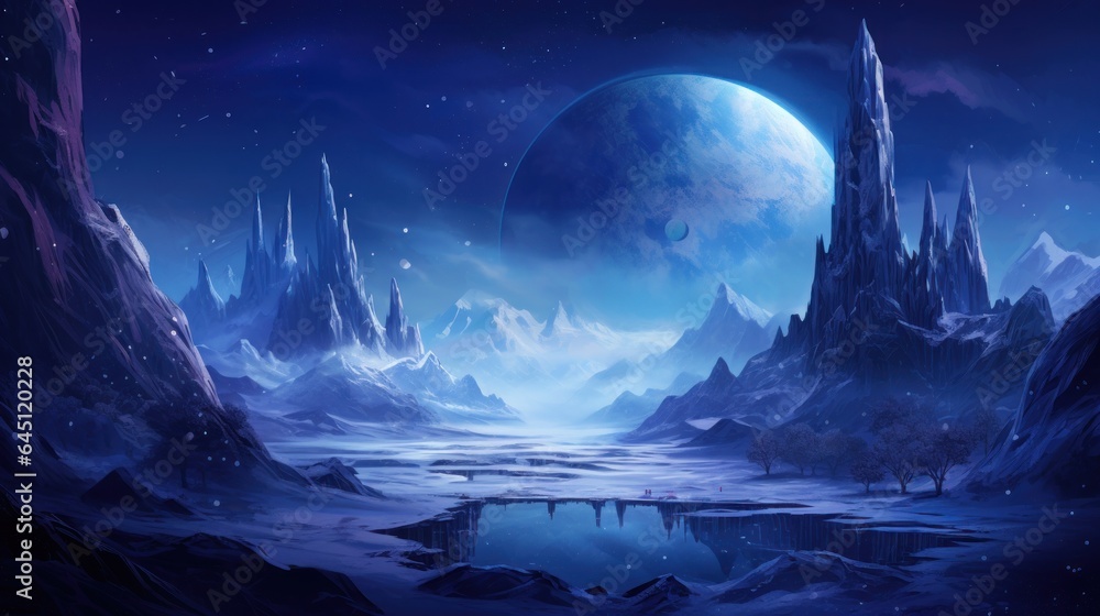 Illustrate an icy and alien planet with towering ice spires, frozen ...