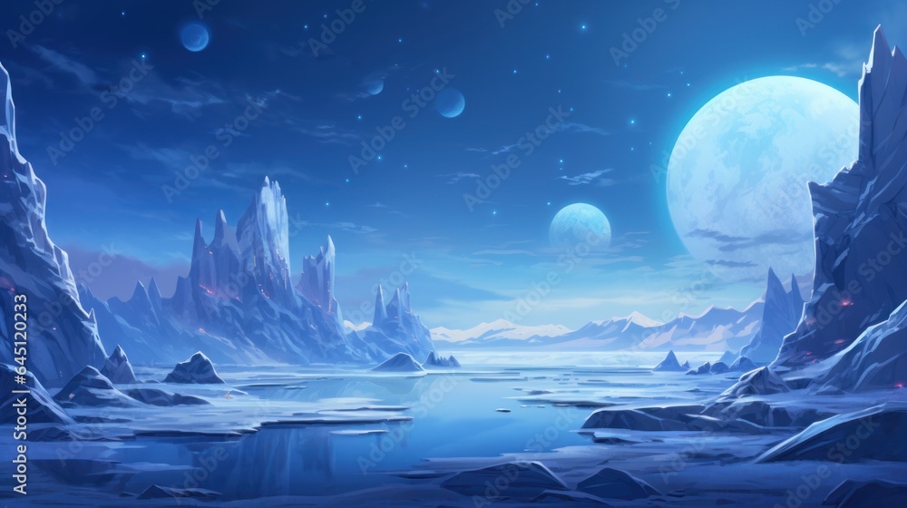 Illustrate an icy and alien planet with towering ice spires, frozen lakes, and an alien sky filled with unfamiliar constellations game art Illustrate an icy and alien planet with towering ice spires, frozen lakes, and an alien sky filled with unfamiliar constellations game art