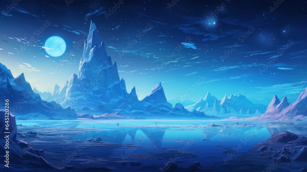 Fototapeta premium Illustrate an icy and alien planet with towering ice spires, frozen lakes, and an alien sky filled with unfamiliar constellations game art