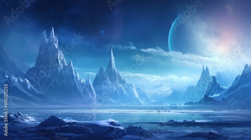 Illustrate an icy and alien planet with towering ice spires  frozen lakes  and an alien sky filled with unfamiliar constellations game art