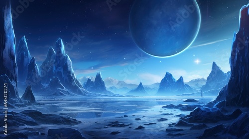 Illustrate an icy and alien planet with towering ice spires  frozen lakes  and an alien sky filled with unfamiliar constellations game art