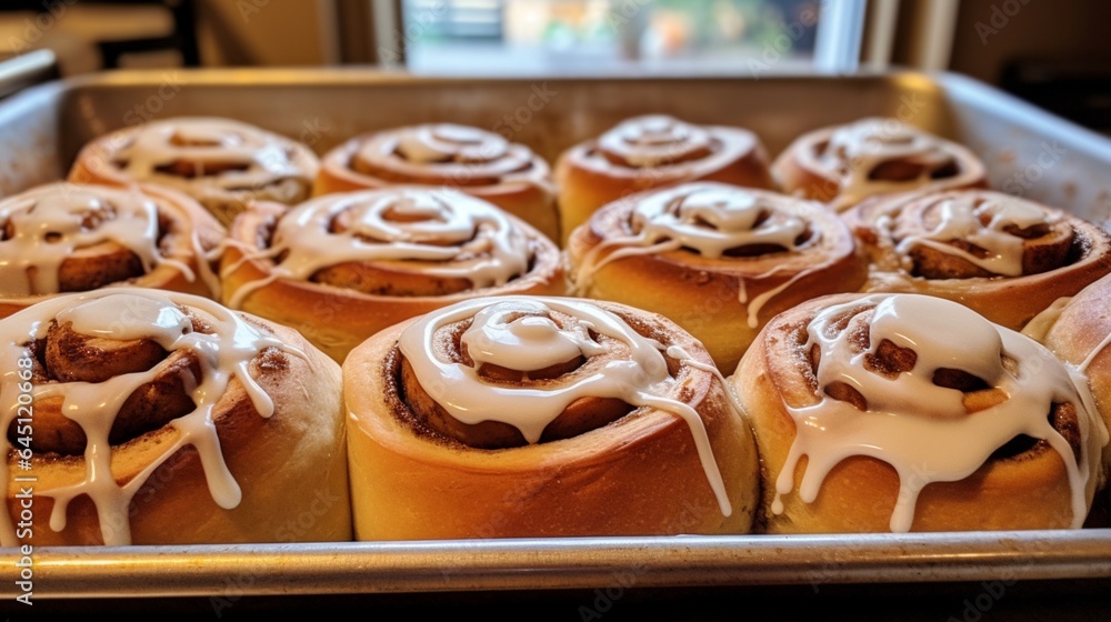 a tray of cinnamon rolls, fresh out of the oven, with swirls of cinnamon and sugar, and a drizzle of cream cheese frosting