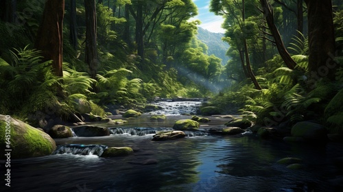 a tranquil river winding through a dense forest  with ancient trees  vibrant ferns  and the sense of timelessness in the heart of the wilderness