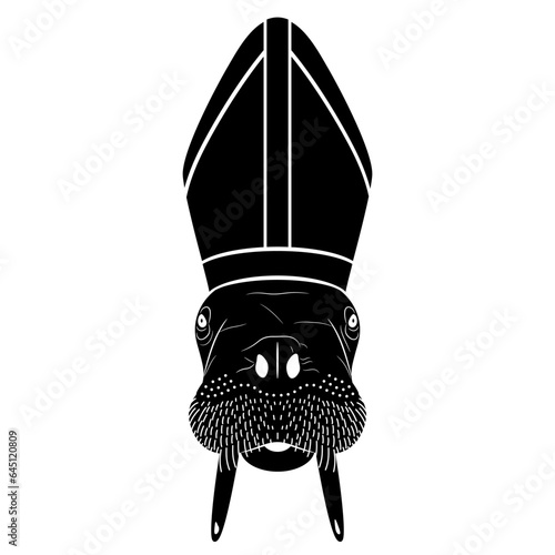 Head of a walrus wearing a Catholic Pope's mitre or Bishop's miter. Creative concept. Animal priest. Black and white silhouette.