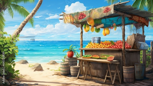 a tropical juice stand by the beach, with a friendly vendor serving up fresh coconut water to beachgoers, creating a refreshing scene © ra0