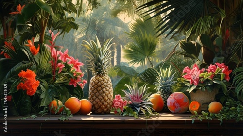 a tropical paradise, with a cluster of ripe pineapples piled up on a bamboo tray, against a backdrop of lush foliage