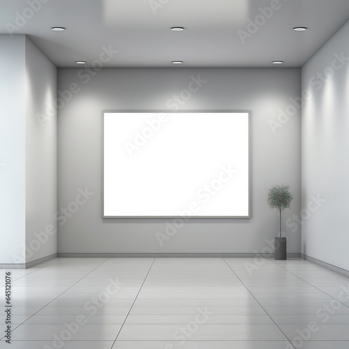 Interior of empty room with blank billboard on wall. Front view of a blank white poster on a light wall in a mockup. 3d render.