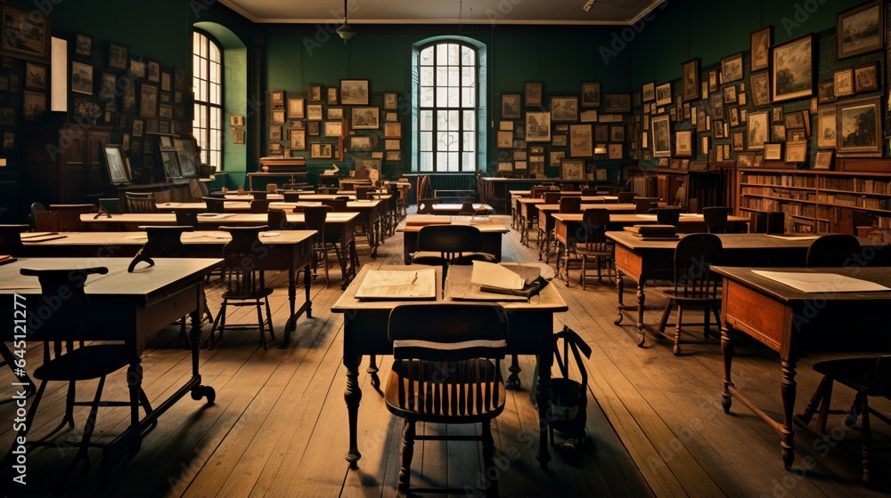 a university's history classroom, highlighting the arrangement of student desks and chairs