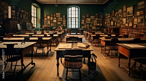 a university's history classroom, highlighting the arrangement of student desks and chairs