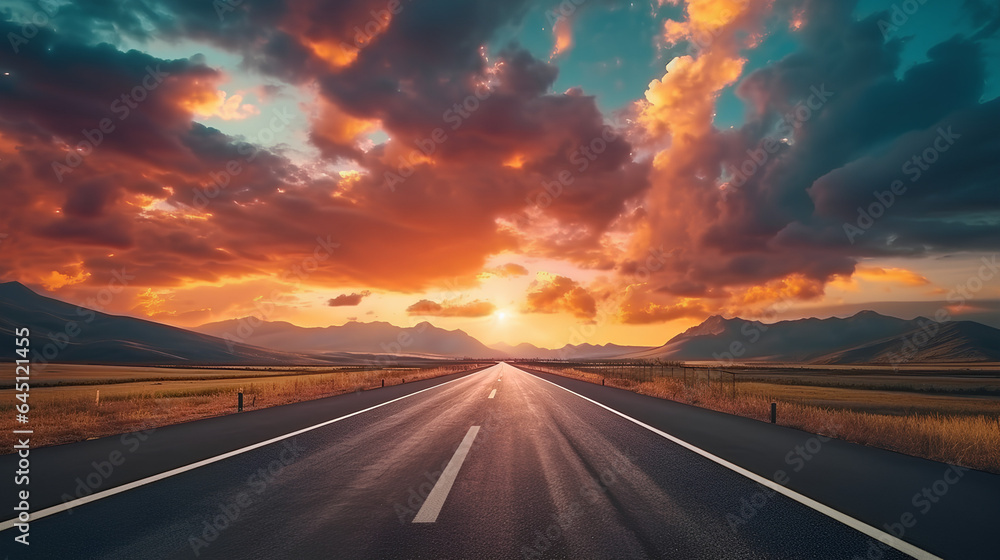 A vast asphalt road with a dark floor, leading towards a horizon showcasing sunset clouds and the evening sky.