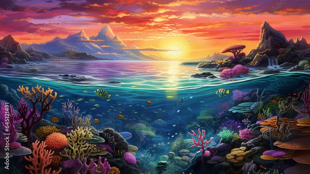 a vibrant coral reef at sunset, with the underwater world coming alive with colors as the ocean transitions into twilight - obrazy, fototapety, plakaty 