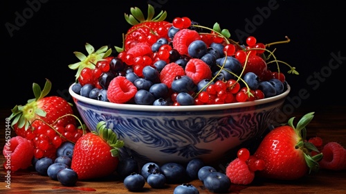 a vibrant bowl filled with assorted fresh berries  including strawberries  blueberries  and raspberries  glistening with dewdrops