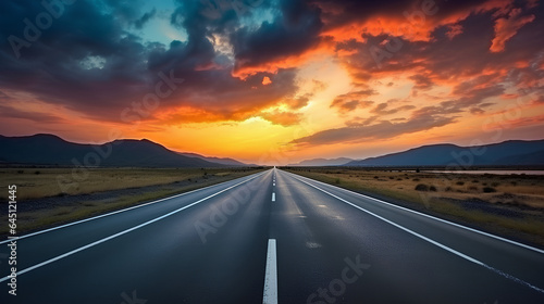 A vast asphalt road with a dark floor, leading towards a horizon showcasing sunset clouds and the evening sky. © Rexon Stock