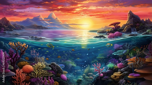 a vibrant coral reef at sunset  with the underwater world coming alive with colors as the ocean transitions into twilight