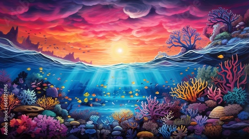 a vibrant coral reef at sunset, with the underwater world coming alive with colors as the ocean transitions into twilight