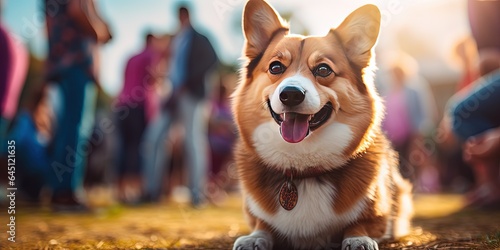 a corgi dog sitting on ground outdoors with crowd of people behind, Generative Ai