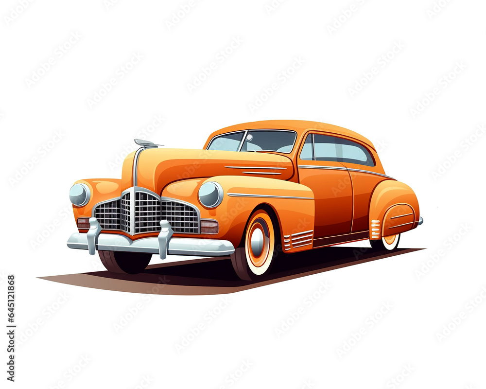 Vintage yellow car. Retro car on white background. Side view of a classic car.