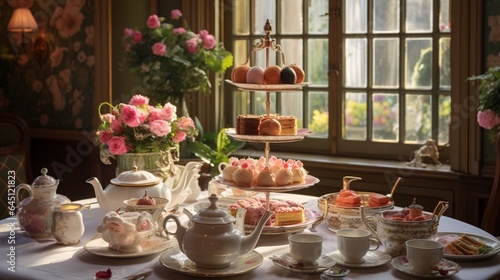 a vintage tea room, with a three-tiered serving stand filled with scones, clotted cream, and assorted pastries, evoking an old-world charm