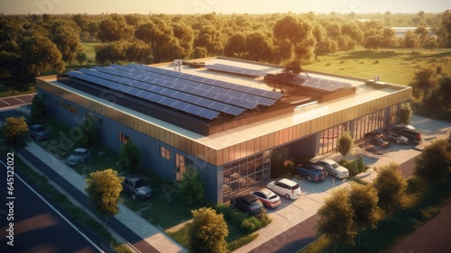 A factory retrofitting its operations with solar panels and energy-efficient machinery, showcasing the transformation to more sustainable practices photo