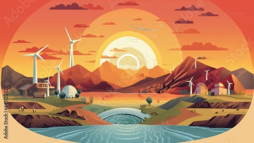 A diverse landscape with icons representing various energy sources     sun  wind  water  fossil fuels     demonstrating the range of options available