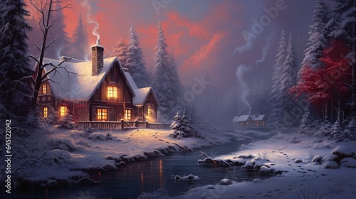 a winter cottage nestled in the woods, with a warm glow emanating from its windows and a smoke curling from its chimney