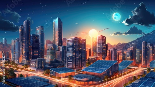 A cityscape with clean energy technologies like electric vehicles and solar panels, highlighting the role of sustainable energy in mitigating climate change