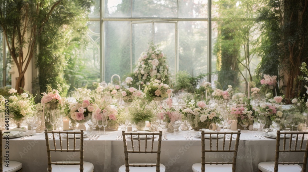 an elegant garden wedding, emphasizing ornate banquet tables and classic event chairs for a timeless celebration