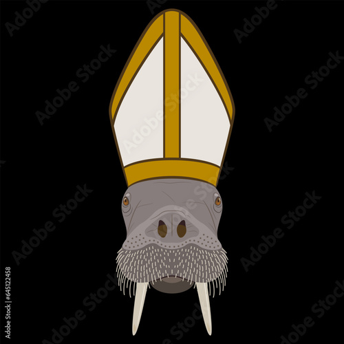 Head of a walrus wearing a Catholic Pope's mitre or Bishop's miter. Creative concept. Animal priest. On black background.